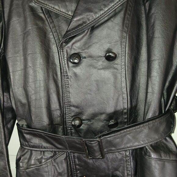 Vintage Mens Sz S Black Leather Trench Coat Removable Faux Fur Lining Old Money - Picture 5 of 16